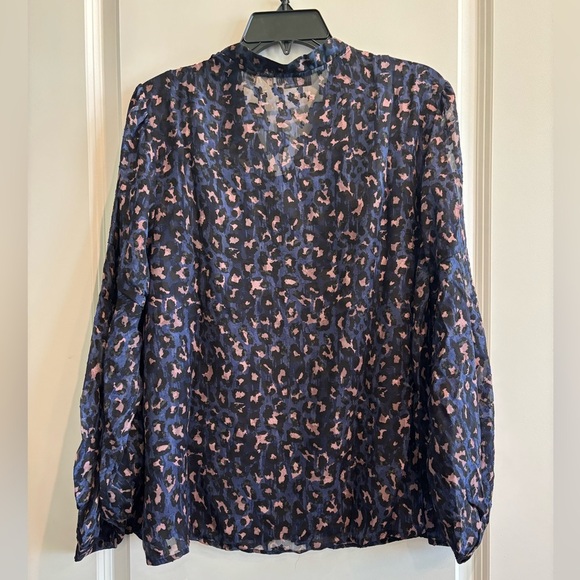 Beautiful by Lawrence Zarian Navy Pink Leopard Print Sheer Blouse - Picture 3 of 3